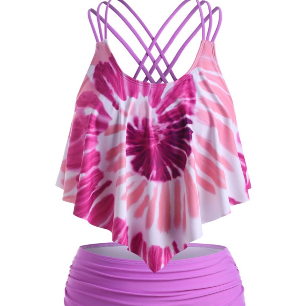 2 pc Rosegal swim, flounce top w ruched bottoms